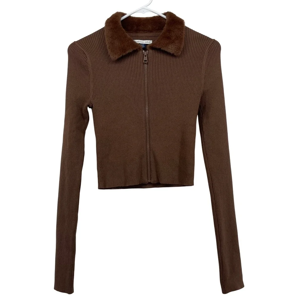 American Eagle Women Size S Zip Up Cardigan Brown Faux Fur Collar Ribbed Sweater - Picture 2 of 8
